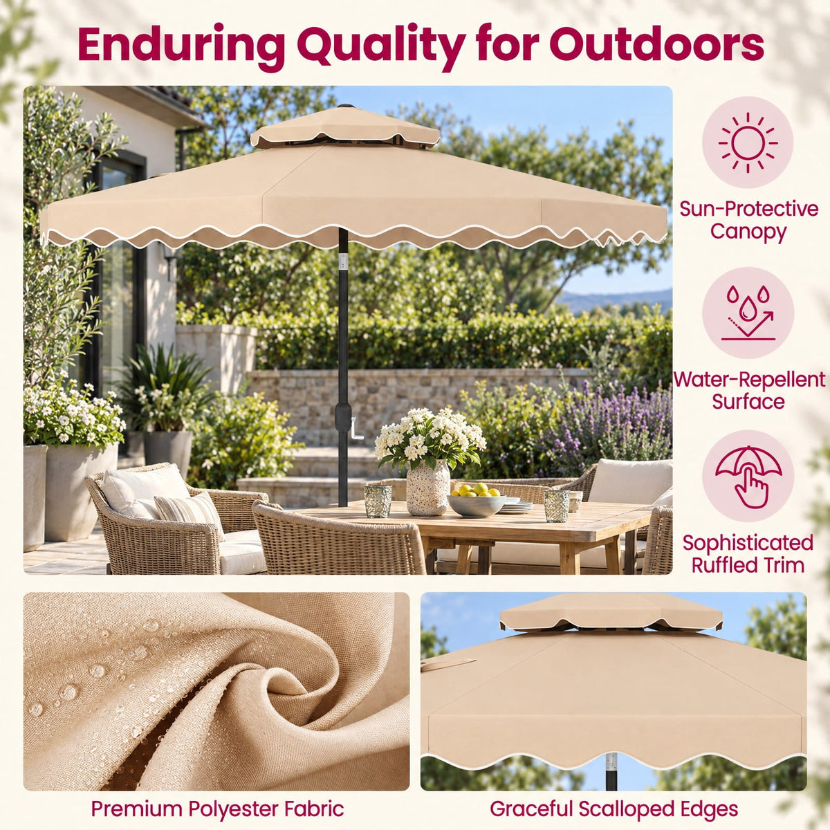 Airfind 9 Feet Patio Umbrella with Push Button Tilt and Crank, Polyester Fabric Metal Frame, 9 x 8.1 ft Footprint, Beige