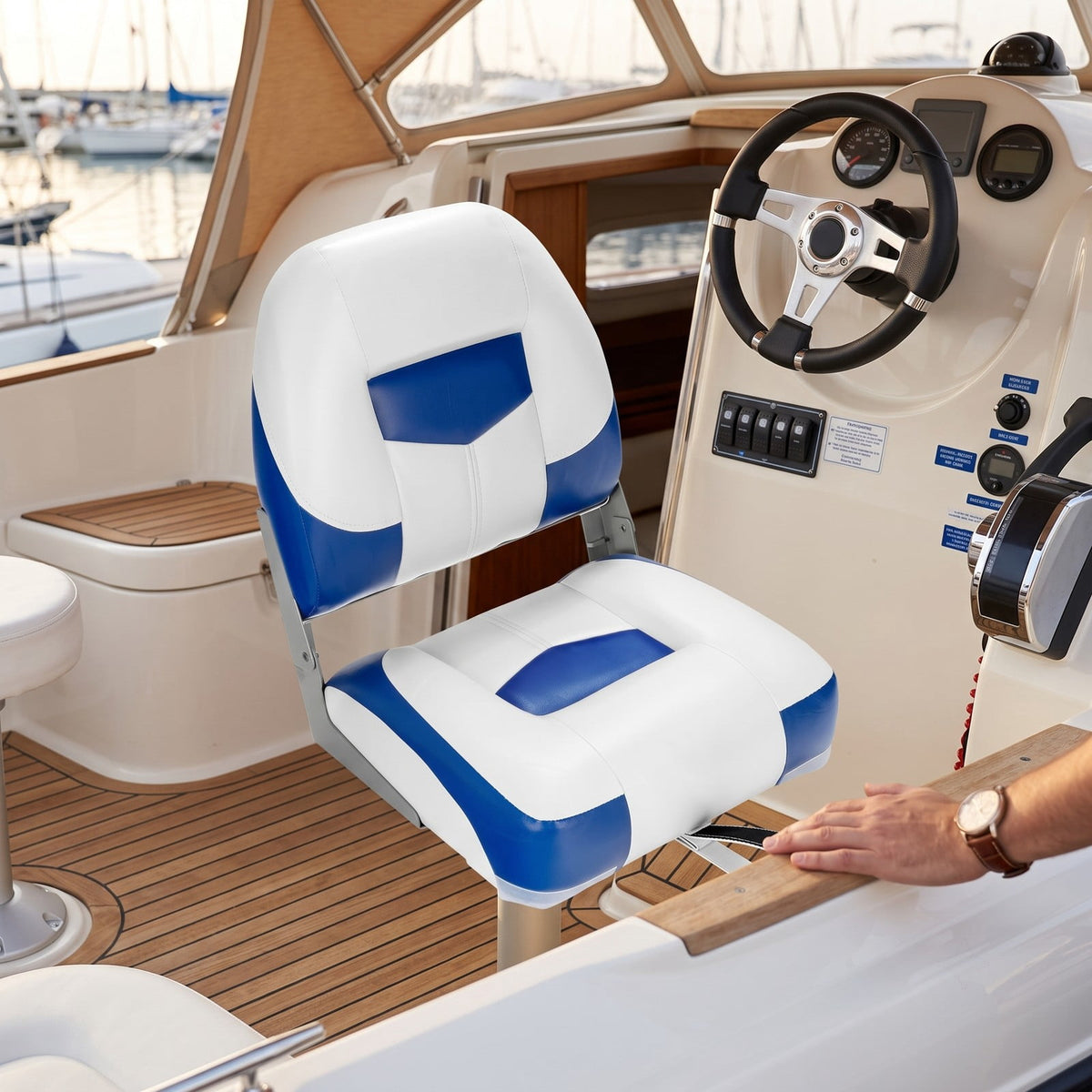 Airfind Folding Low Back Fishing Boat Seats 2 Pack with Padded Cushion and Stainless Steel Screws for Jon Boats and Pontoon Fishing, Blue and White