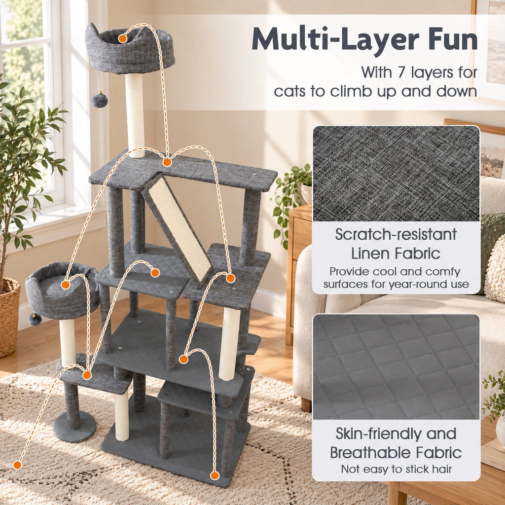 Airfind 71 Inch Tall Cat Tree Multi-Level Large Cat Tower with Scratching Posts, 33 lbs Capacity, 34in x 16in x 71in Condo Footprint, Grey