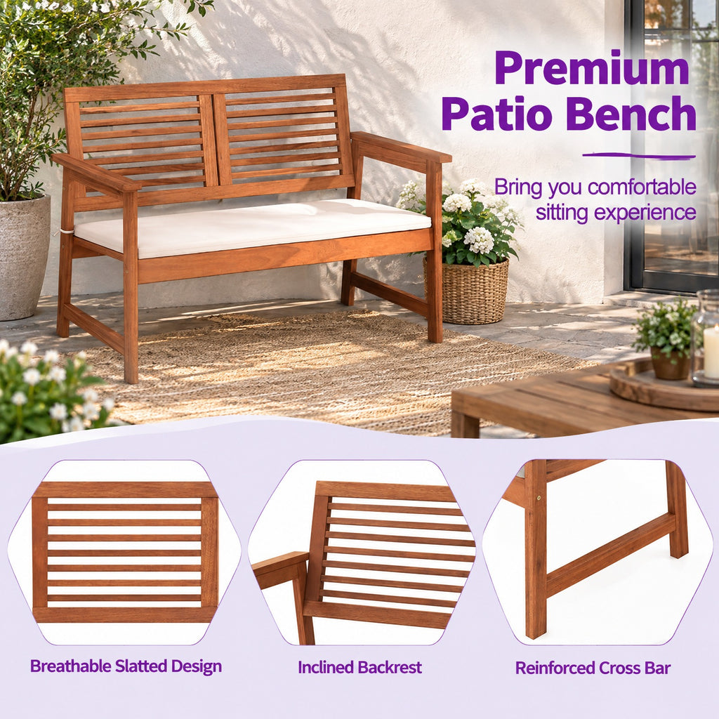 AIRFIND Outdoor Bench for 2 with Solid Wood Frame, Slatted Backrest and Tie-On Seat Cushion, 43.5 inch Patio Loveseat, Natural and Off White