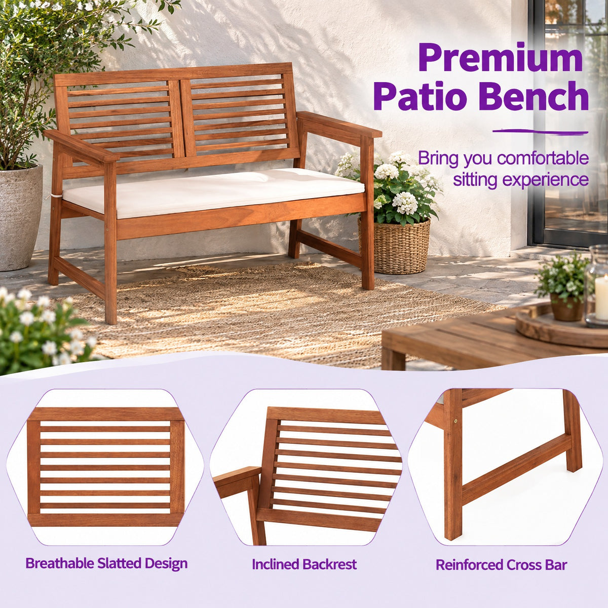 AIRFIND Outdoor Bench for 2 with Solid Wood Frame, Slatted Backrest and Tie-On Seat Cushion, 43.5 inch Patio Loveseat, Natural and Off White
