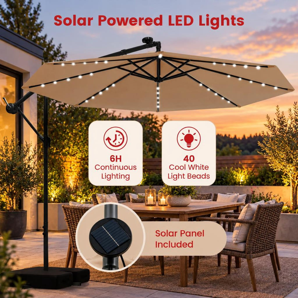 Airfind 10 Feet Cantilever Umbrella with 32 LED Lights and Solar Panel Batteries, Polyester Fabric Metal Oxford Fabric Frame, Beige