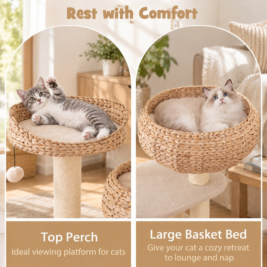 Airfind 41 Inch Rattan Cat Tree with Napping Perch, Water hyacinth straw sisal rope particle board Frame, White