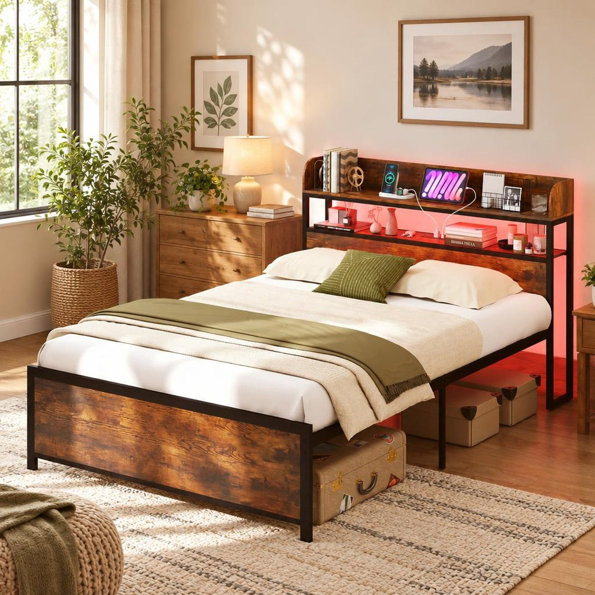 Airfind LED Bed Frame with Power Outlets and Storage Headboard, 1000 lbs Capacity, Engineered Wood Metal MDF Frame
