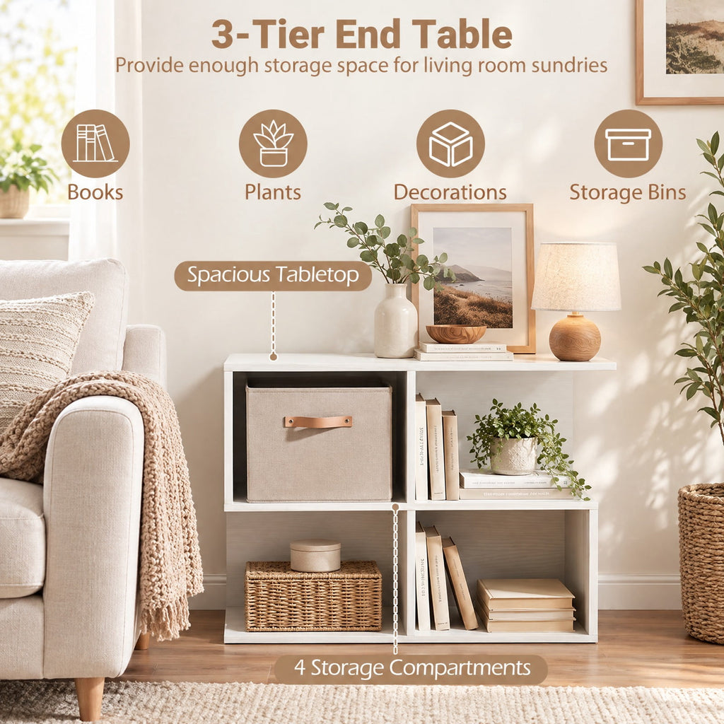 Airfind 3-Tier Modern S-shaped End Table with 4 Storage Cubes, 88 lbs Capacity, Engineered Wood Frame, 24 x 11.5 x 17 Footprint, White