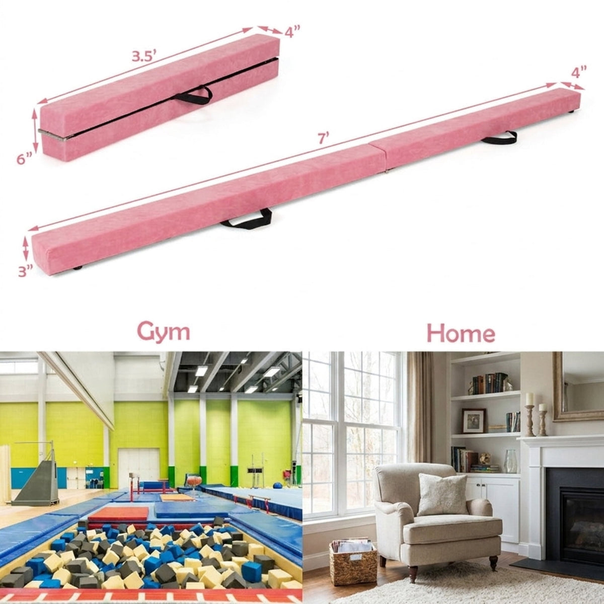 Airfind 7 ft Folding Practice Balance Beam with Suede Cover, Anti-Slip Pads and Pine Wood Frame, Pink