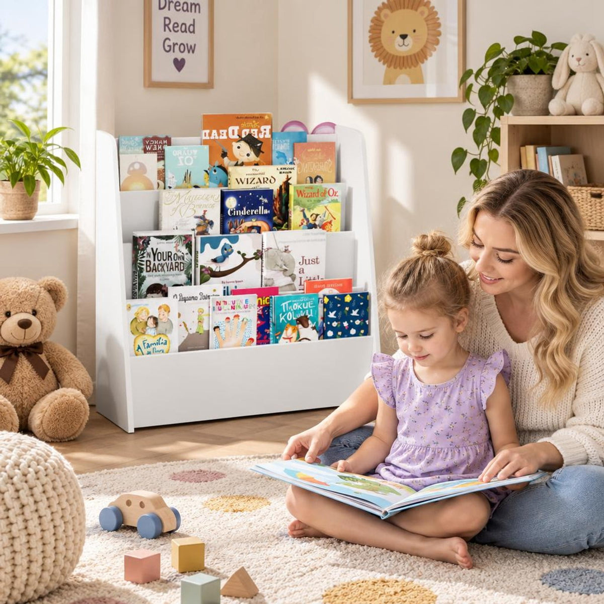Airfind 4-Tier Kids Bookshelf with Deep Compartments for Bedroom, White, 4 open and deep compartments for book storage