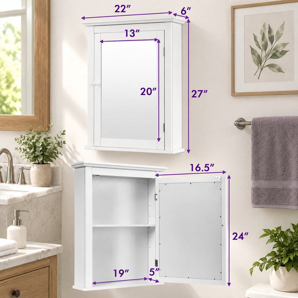 Airfind Bathroom Mirror Cabinet Wall Mounted Adjustable Shelf Medicine Storage, 11 lbs Capacity, MDF and glass Frame, 22 x 6 x 27.5 Footprint