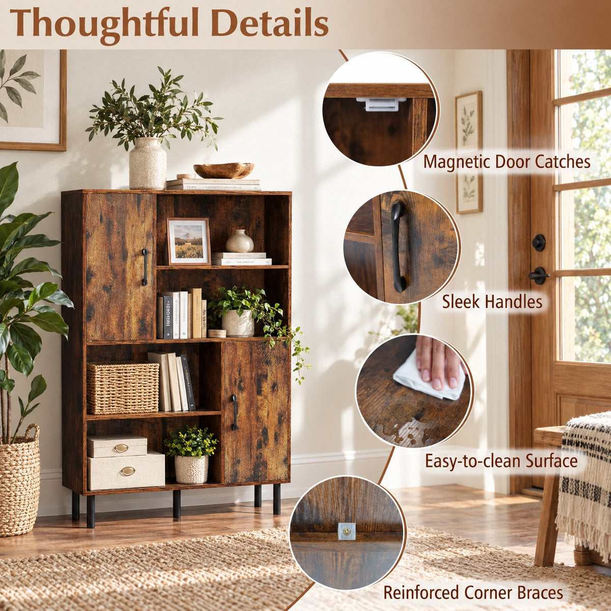Airfind 47 Inch Storage Cabinet Freestanding Bookcase with 2 Doors and 4 Open Shelves, 176 lbs Capacity, Engineered Wood MDF Metal Frame, Brown