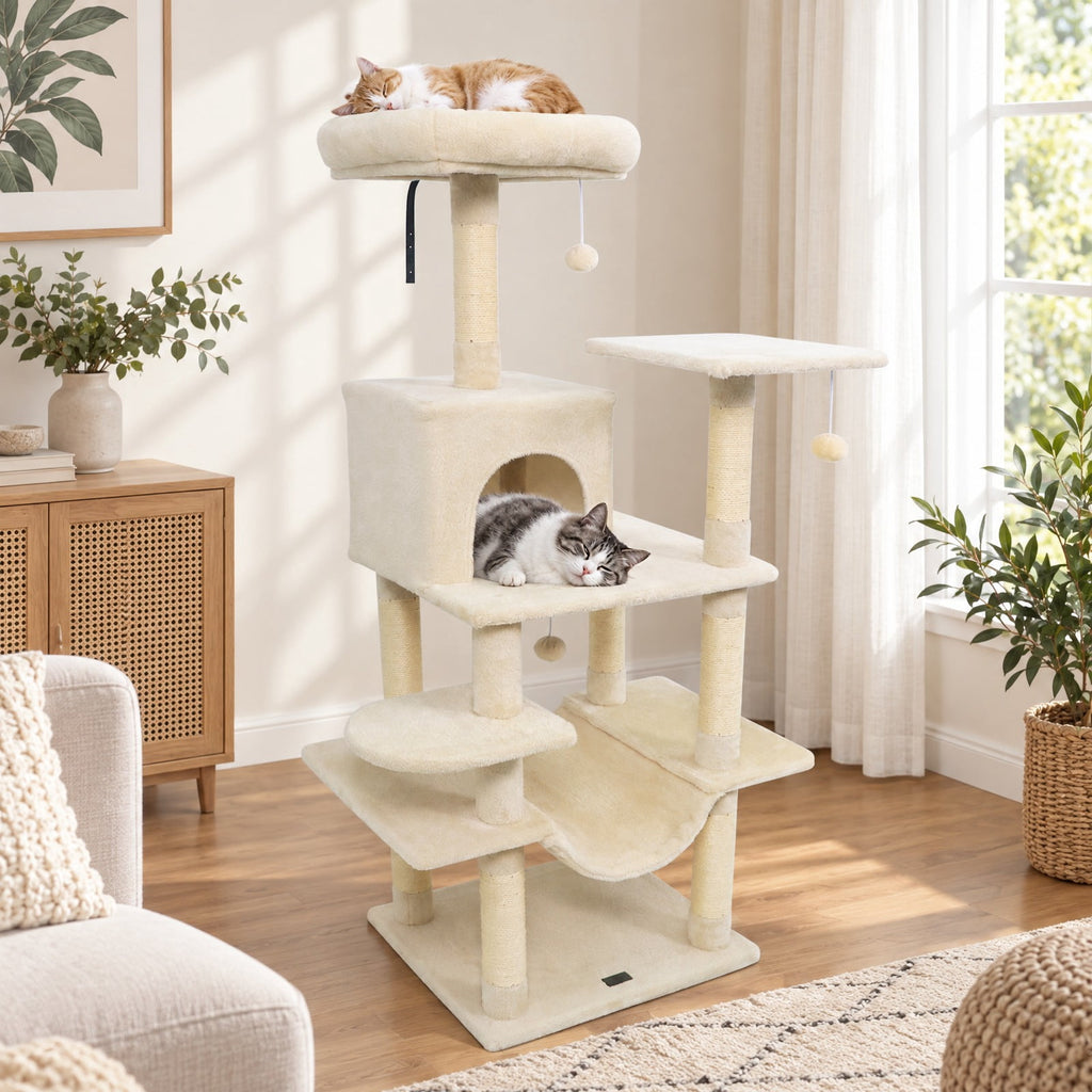 Airfind 58 Multi-Level Cat Tree Soft Plush Cat Tower with Padded Top Perch, PP Cotton Fabric Sisal Engineered Wood Overall Height 58 Base Frame