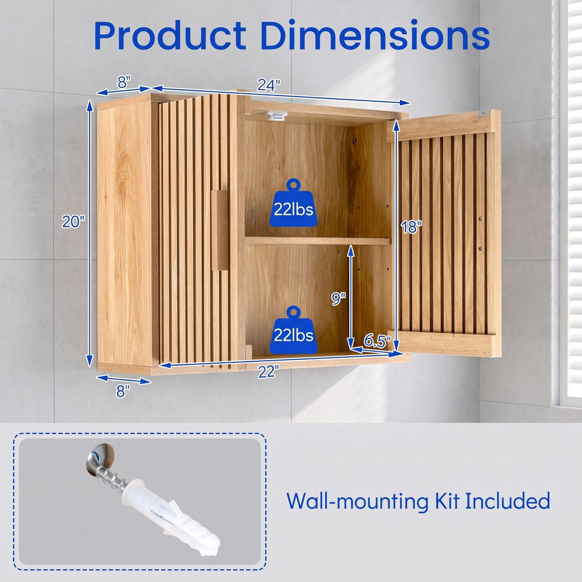 Airfind Bathroom Wall Cabinet with 2 Slatted Doors and 3-Level Adjustable Shelves, 22 lbs Capacity, Engineered Wood Frame, 24 x 8 x 20 Footprint