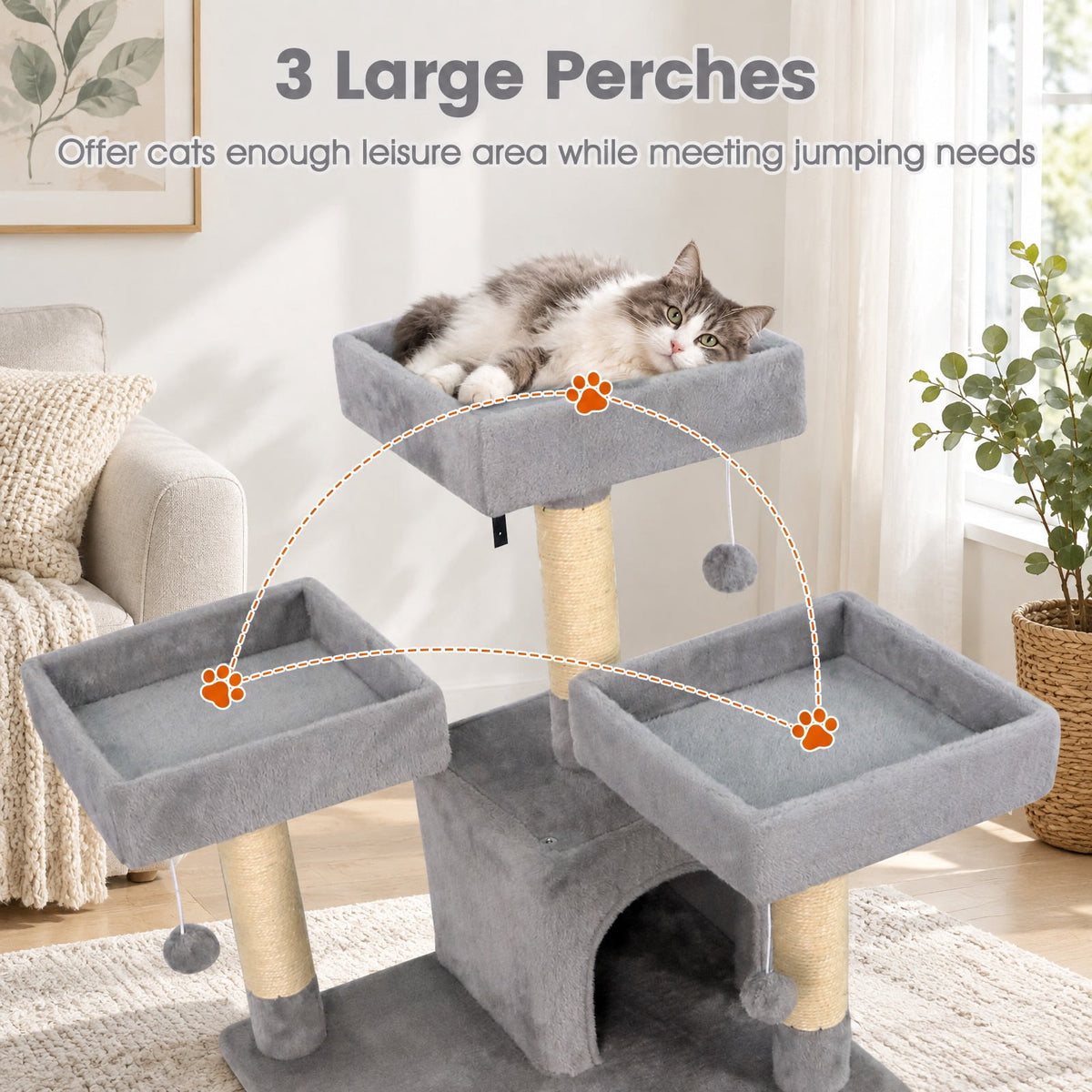 Airfind 65 Inch Tall Multi-level Cat Tree with 3 Upholstered Perch and 2 Cat Condos, Fabric Sisal Engineered Wood Overall Height 65 Inch Base Frame