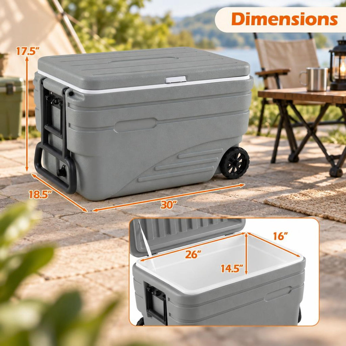 Airfind 103 Quart Outdoor Portable Wheeled Ice Cooler with Foldable Pull and Carry Handles, 330 lbs Capacity, HDPE PP PU TPE Frame, Gray