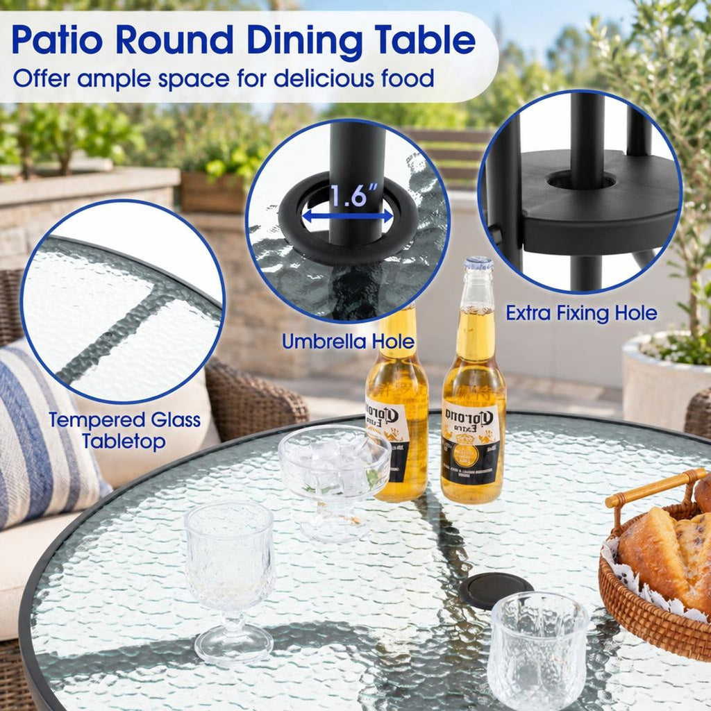 Airfind 6 Pieces Patio Dining Set Folding Chairs Glass Table Tilt Umbrella for Garden, 110 lbs Capacity, Steel fabric tempered glass Frame, Grey