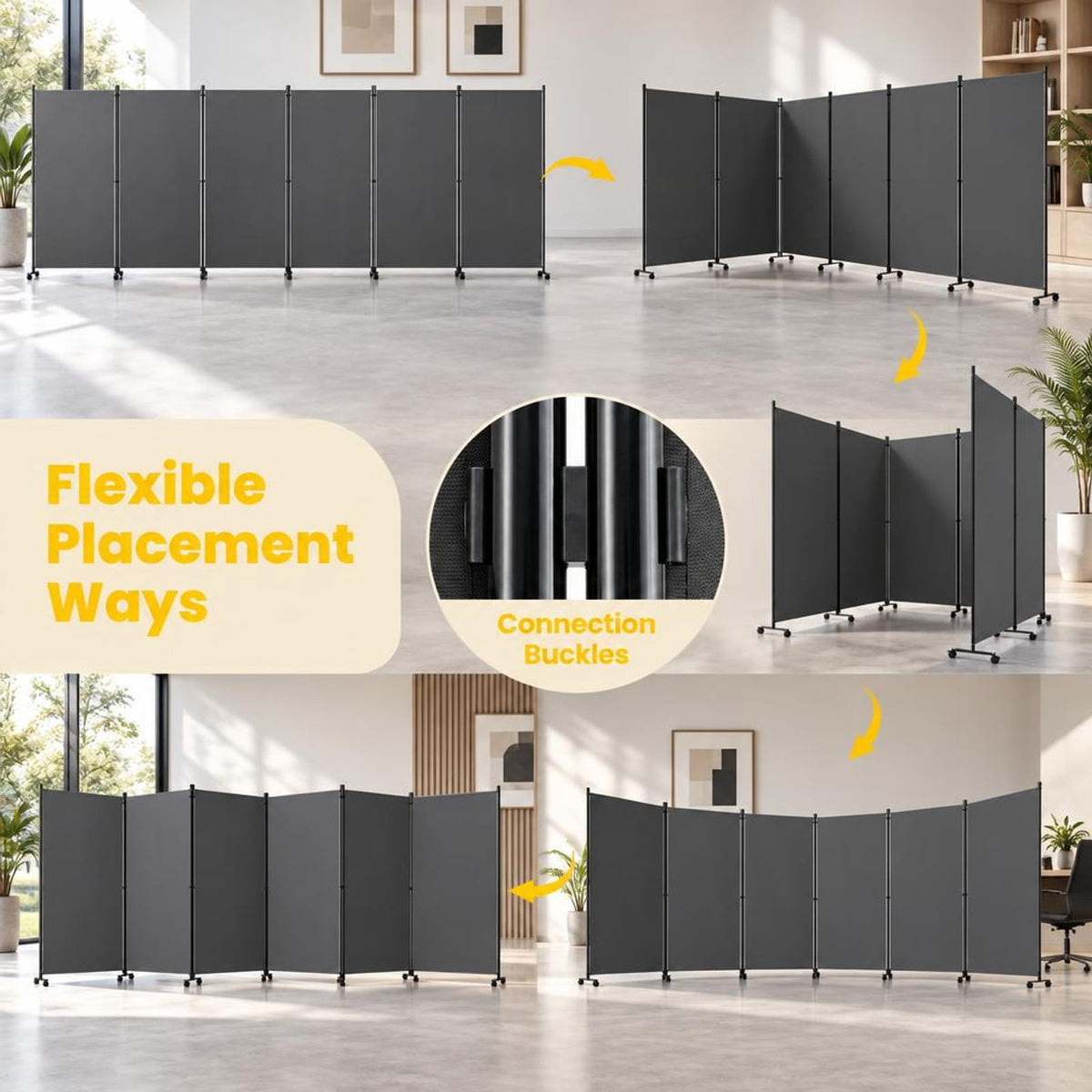 Airfind 6 Panel Folding Privacy Screen Room Divider with Wheels, Polyester Fabric Metal PP Frame, 205 x 12 x 71.5 Footprint, Gray