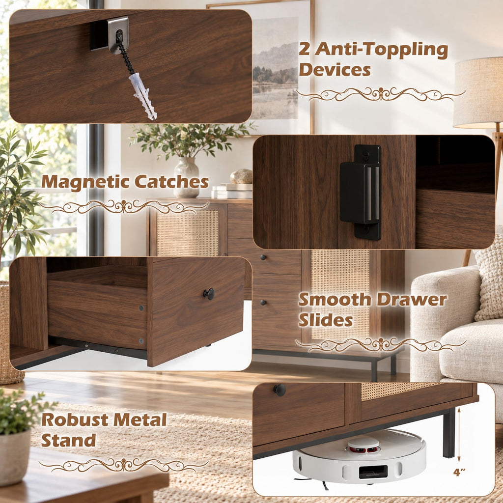 Airfind Sideboard Buffet Cabinet Rustic Farmhouse Coffee Bar Table with 2 Rattan Doors and 3 Drawers, 110 lbs Capacity, Engineered Wood Frame, Brown