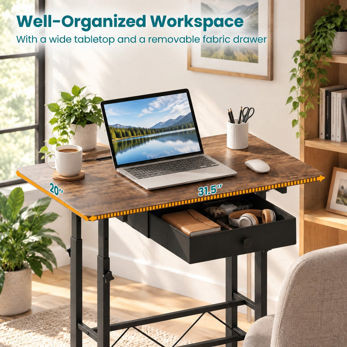 Airfind Height Adjustable Laptop Desk with Fabric Drawer Tablet Holder and Lockable Wheels, 45 lbs Capacity, 31.5 x 20 x 29-45.5 Footprint