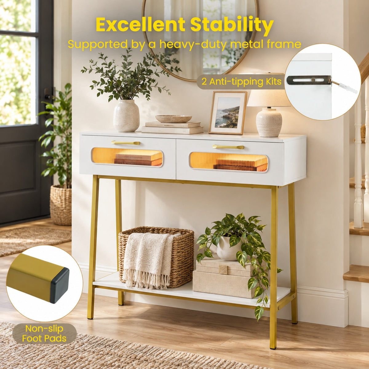 AIRFIND Console Table with LED Lights, 2 Fluted-Front Drawers and Open Shelf, 36 inch Entryway Sofa Table with Metal Legs, White and Gold
