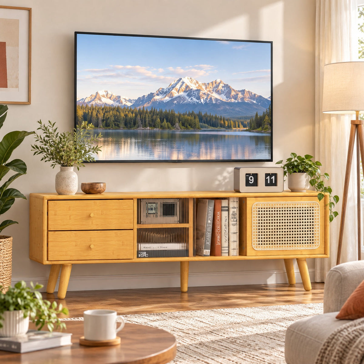 Airfind TV Stand, Bamboo, for TV up to 65 Inch, 155 lbs Capacity, Wood PE Rattan Glass Frame, 55 Inch x 12 Inch x 18 Inch Interior Footprint, Natural
