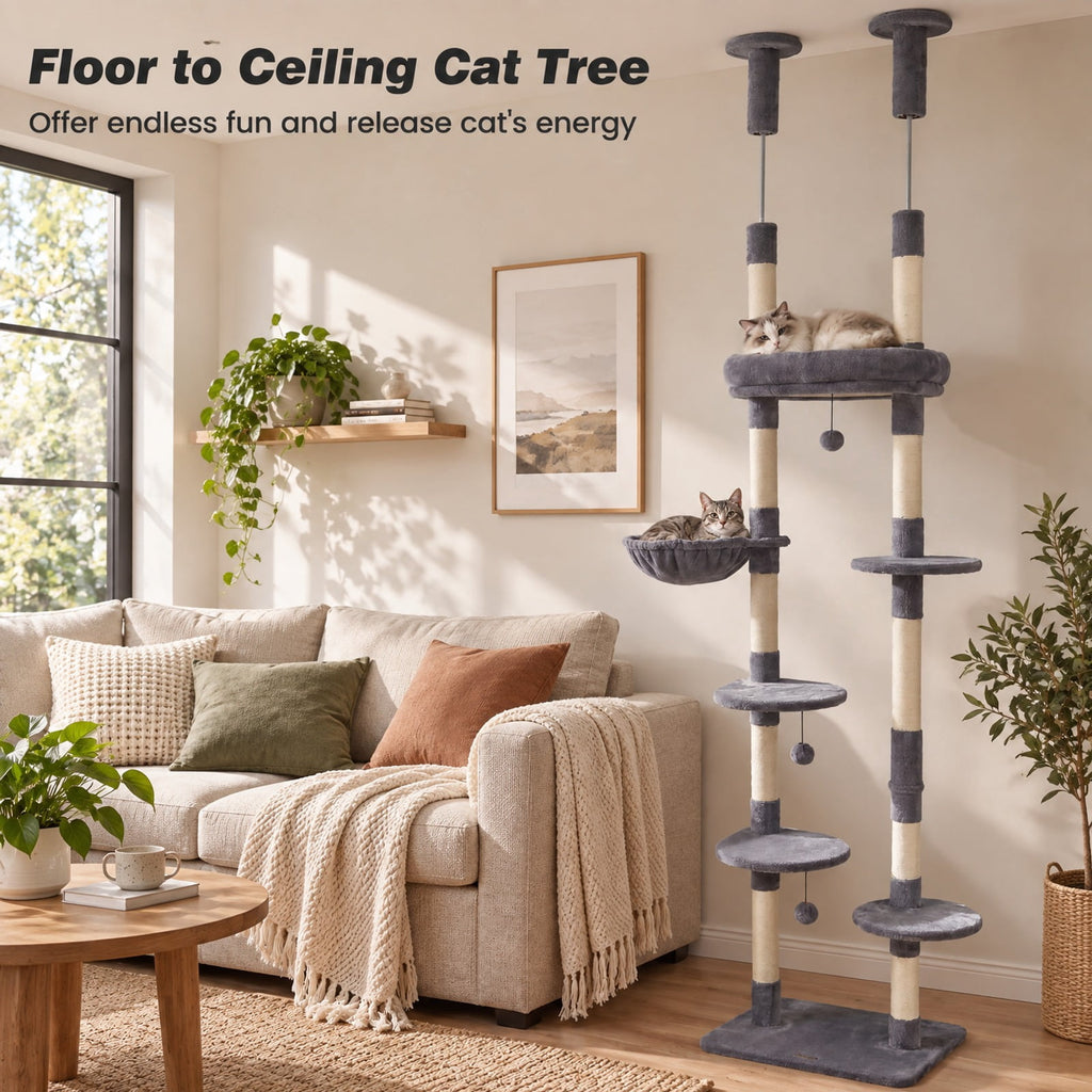 Airfind 6-tier Floor to Ceiling Cat Tree with Plush Bed and Sisal Scratching Posts, 33 kg Capacity, Plywood Plush Metal Sisal Rope Frame, Grey