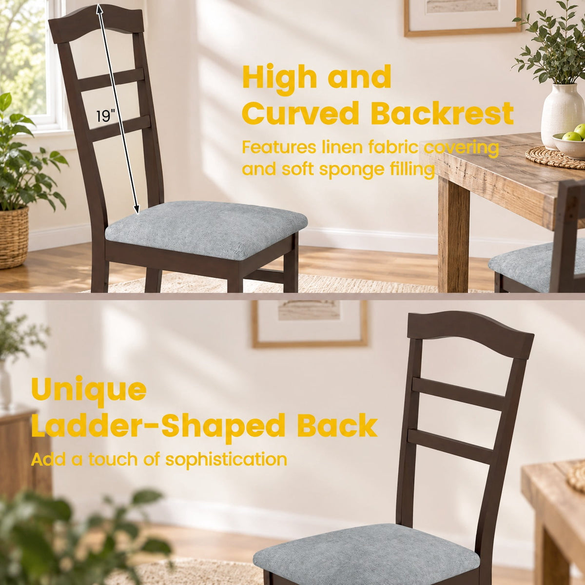 Airfind Wooden Dining Chair Set of 2 Linen Fabric Upholstered Kitchen Chairs Farmhouse Side Accent Chairs, Chair 265 lbs Capacity, Coffee+Grey