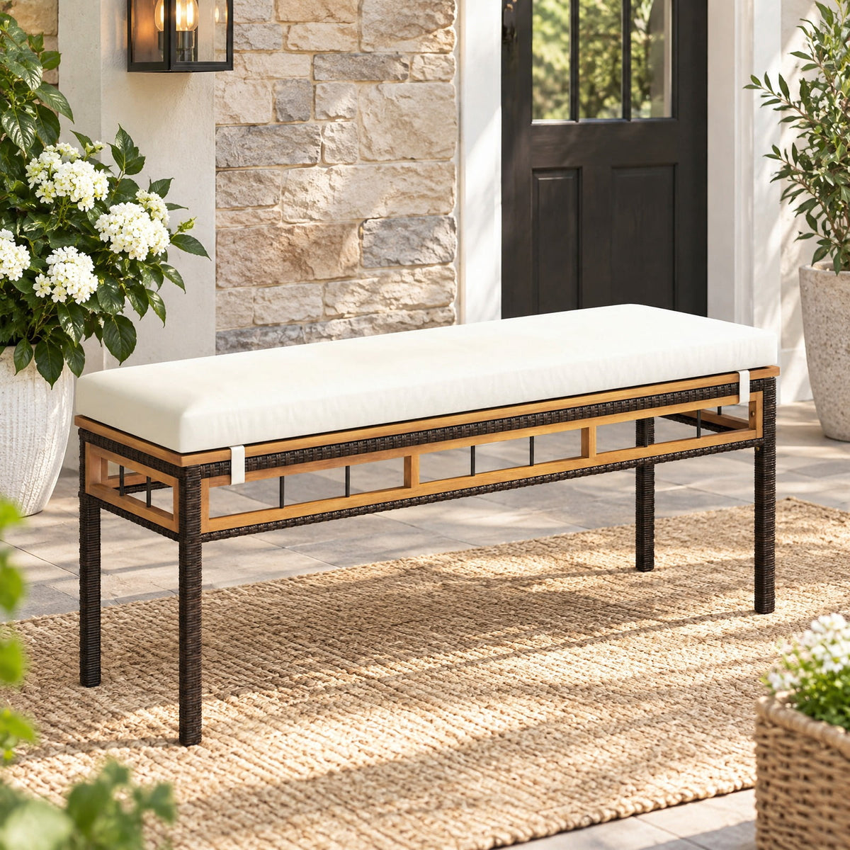 Airfind Wicker Patio Bench for 2 People 48invh Long Backless Dining Bench with Acacia Wood Seat, 800 lbs Capacity, Acacia Wood Frame, White