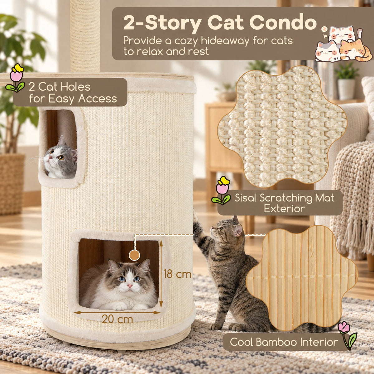Airfind 60 Inches Tall Cat Tree with 2-Story Condo and Sisal Scratching Posts, 27.5 Inch x 15.5 Inch x 60 Inch Condo Footprint, Natural
