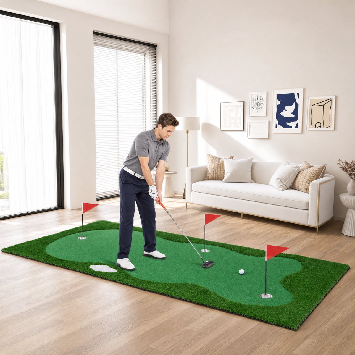 Airfind 10 x 5 FT Large Golf Putting Green with Realistic Artificial Grass Turf, Backyard Putting Green Mat with 3 Holes for Indoor Outdoor