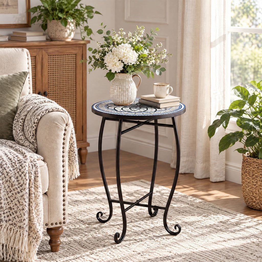 Airfind 14 Inch Floral Clover/Blooming Lotus/Bright Sunflower Mosaic Patio Accent Coffee End Table, 35 lbs Capacity, Metal Frame, 14 Inch x 20 Inch Footprint
