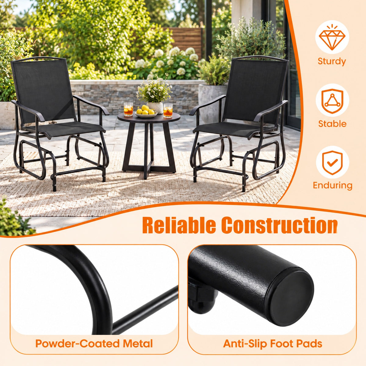 Airfind Outdoor Glider Chair with Metal Frame and Armrests, 330 lbs Capacity, Fabric Metal Frame, 24 x 29 x 37.5 Footprint, Black