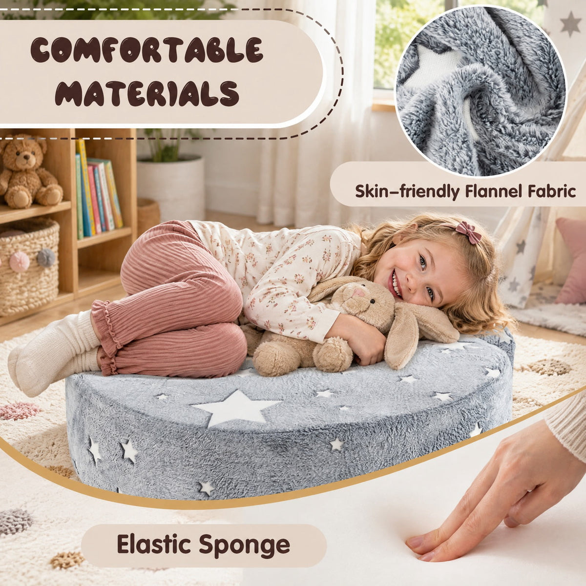 Airfind 2-in-1 Convertible Glow in the Dark Kids Sofa with Removable Washable Cover, Flannel Fabric Sponge Frame, for 3+ Years Old, Gray