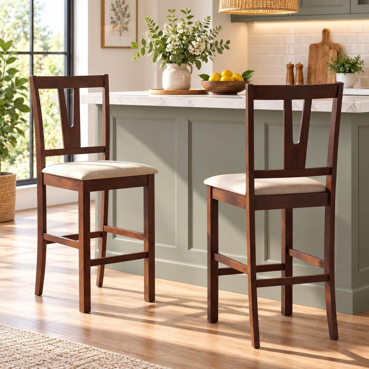 Airfind Counter Height Bar Stools with Contoured V-back-set of 2, Stool 330 lbs Capacity, Rubber Wood Faux Linen Fabric Sponge Frame, Unspecified