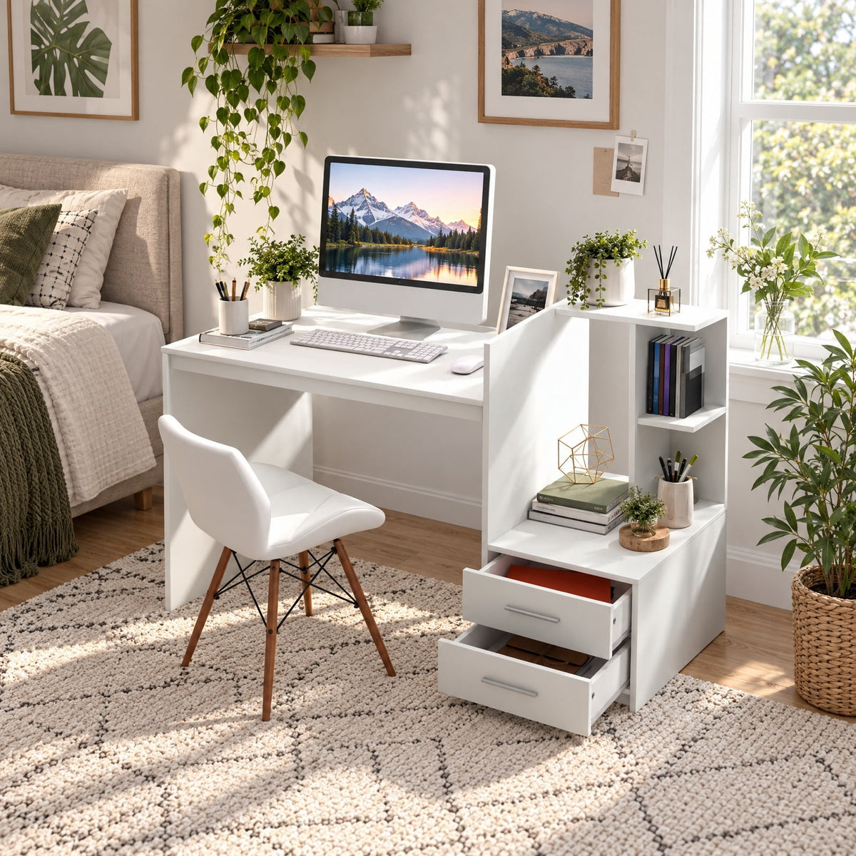 Airfind Computer Desk Home Office with Bookshelf and Drawers, 110 lbs Capacity, MDF Frame, 51 x 24 x 35.5 Footprint, White
