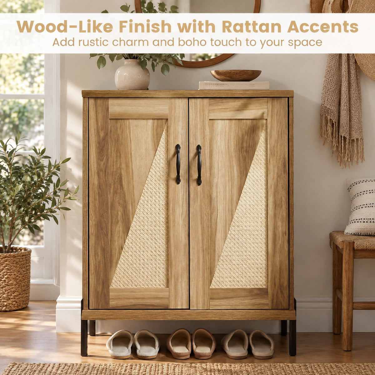 Airfind 5-Tier Wooden Farmhouse Shoe Cabinet with Woven Rattan Doors, 110 lbs Capacity, Engineered Wood MDF Metal PVC Frame, Natural