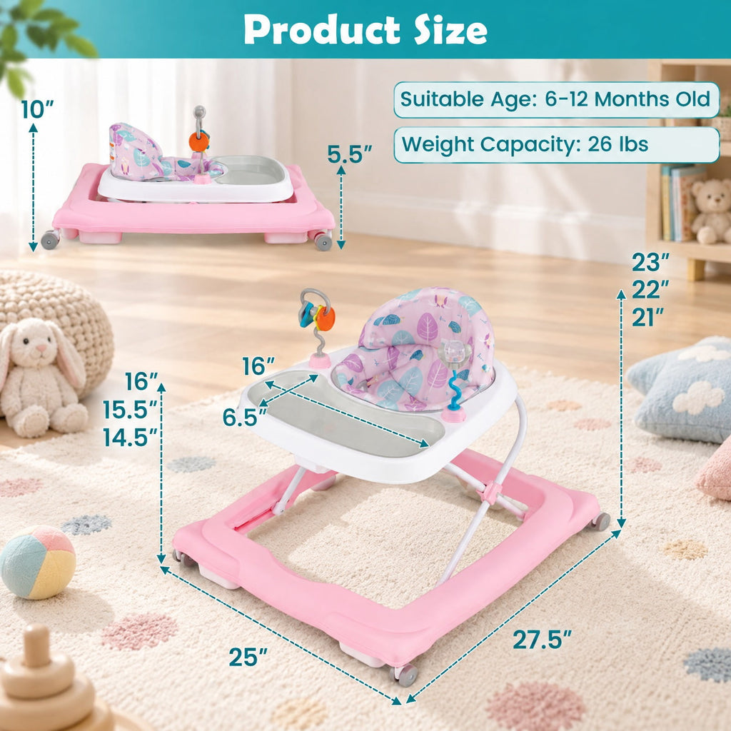 Airfind Foldable Youth Walker featuring Removable Seat and Adjustable Height for 6-12 Months, 26 lbs Capacity, PP Frame, for 6-12 Months Old, Pink
