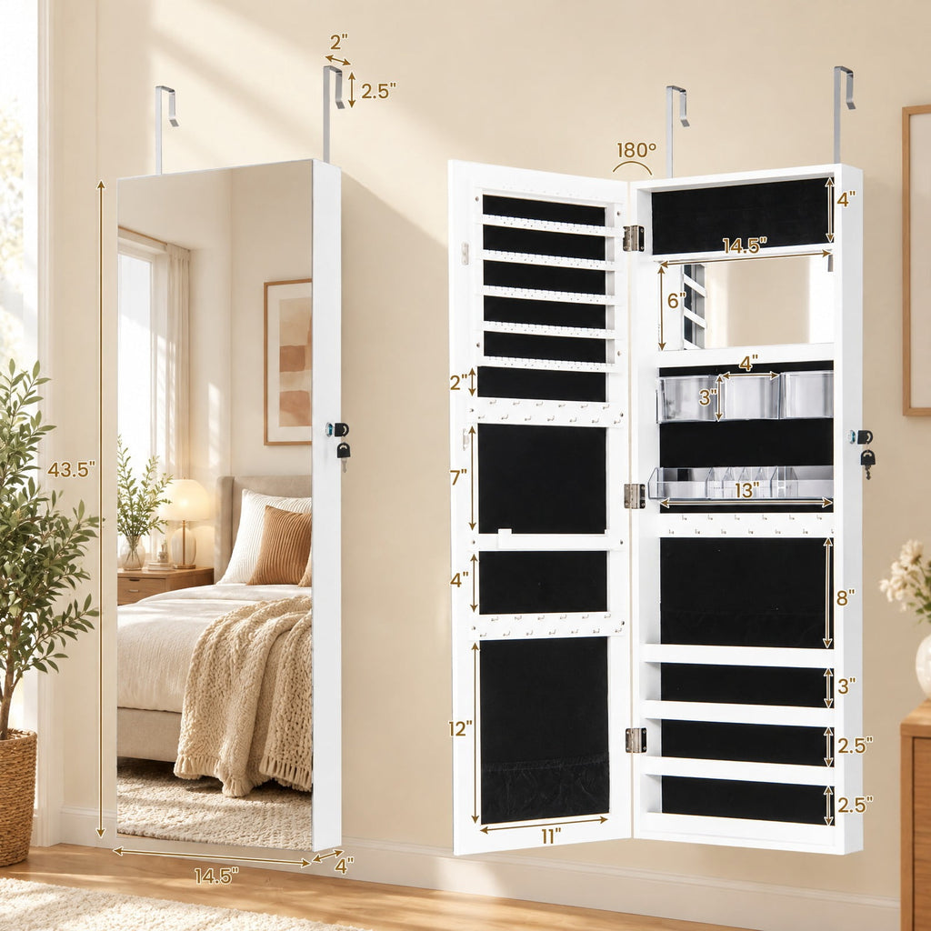 Airfind 43.5 Inch Jewelry Mirror Cabinet with Full-length Mirror and Adjustable Hangers, MDF Frame, White