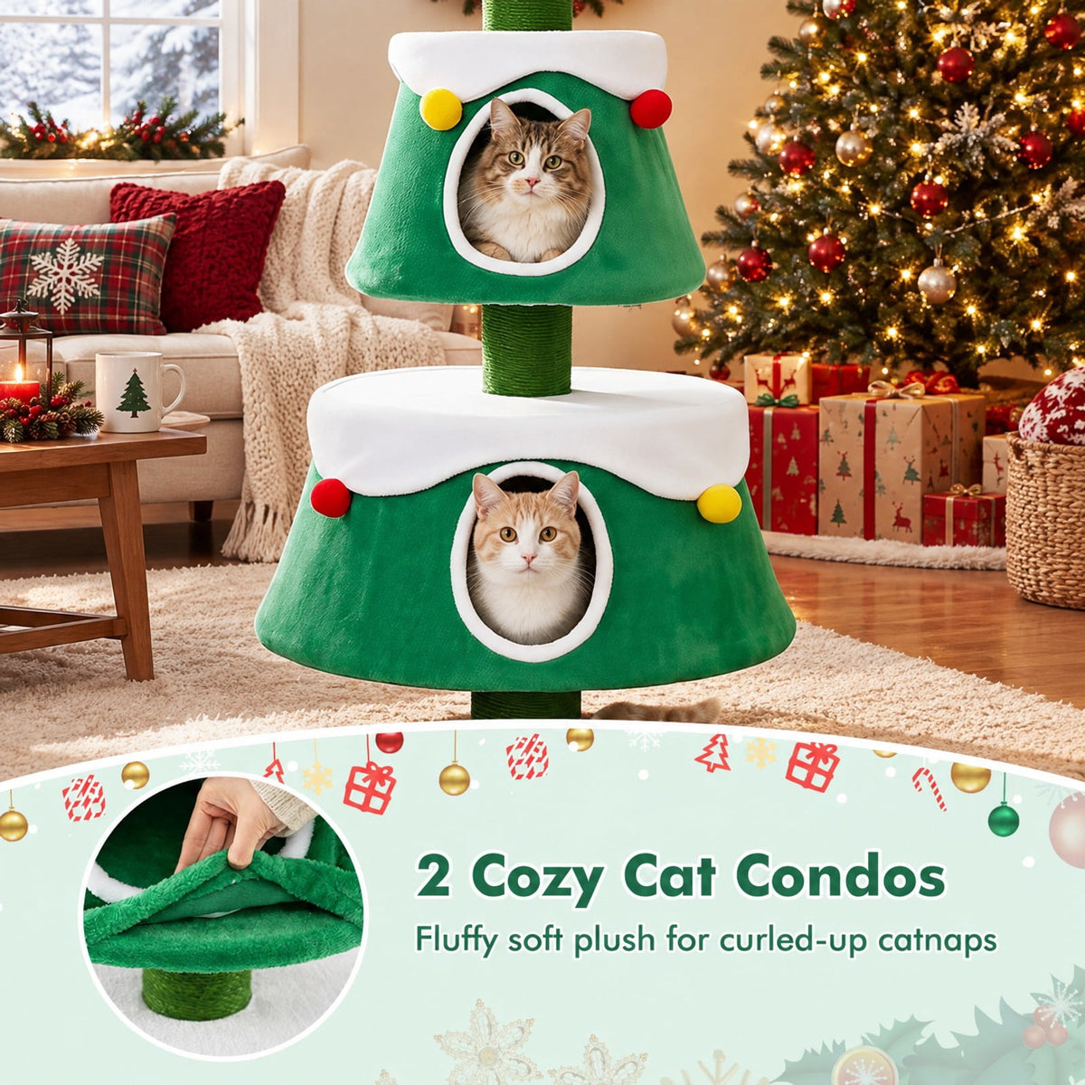 Airfind 61.5in Cat Christmas Tree for Indoor Kittens with 2 Large Condos Star Spring Toy and Decorative Balls, Green