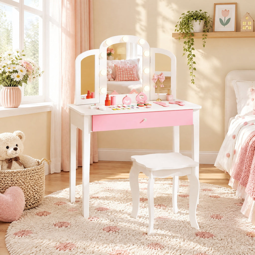 Airfind 2-in-1 Kids Vanity Table Set with Tri-Folding Detachable Mirror and Lights, 110 lbs Capacity, MDF Pine Wood Acrylic Frame, Footprint, White