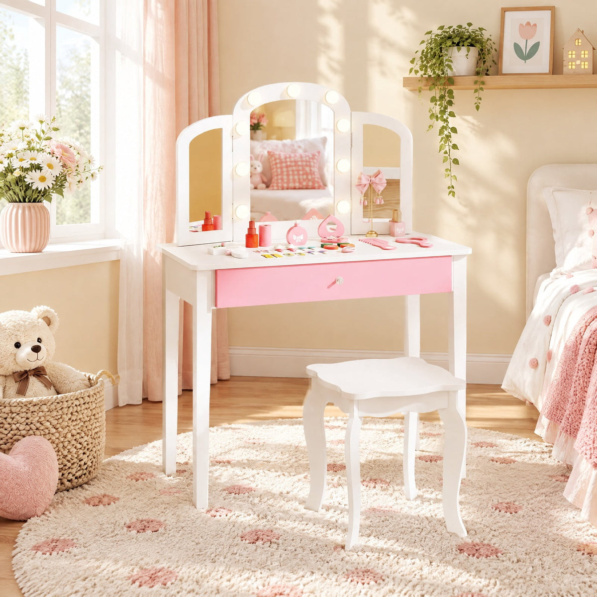 Airfind 2-in-1 Kids Vanity Table Set with Tri-Folding Detachable Mirror and Lights, 110 lbs Capacity, MDF Pine Wood Acrylic Frame, Footprint, White