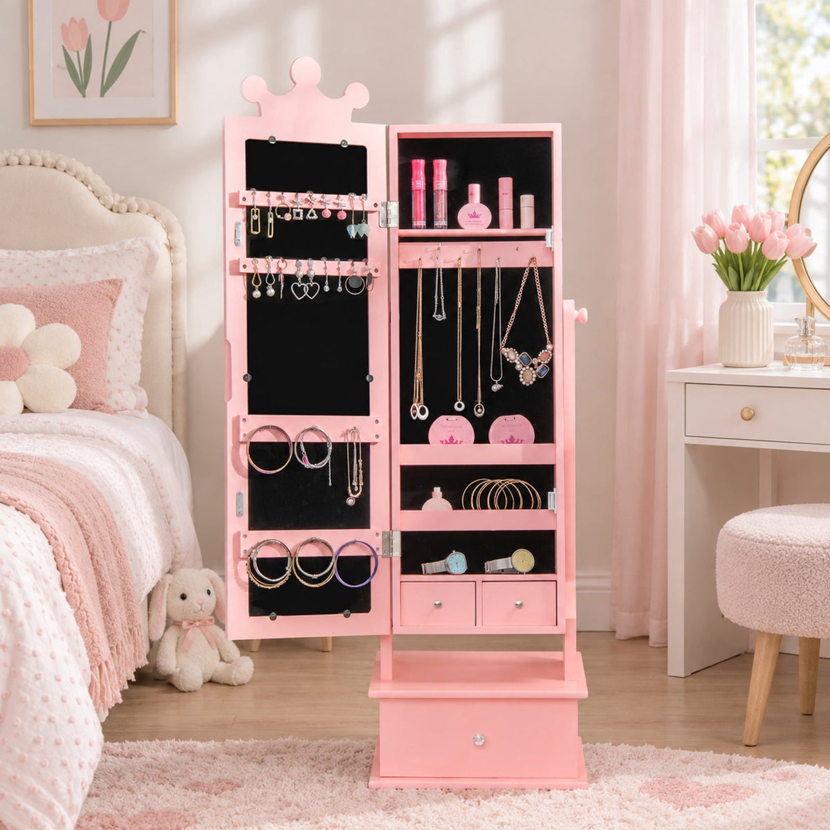 Airfind 2-in-1 Kids Play Jewelry Armoire with Full Length Mirror and Drawers, MDF Glass Frame, for 3+ Years Old, 13.5 x 12 x 40.5/44.5 Footprint
