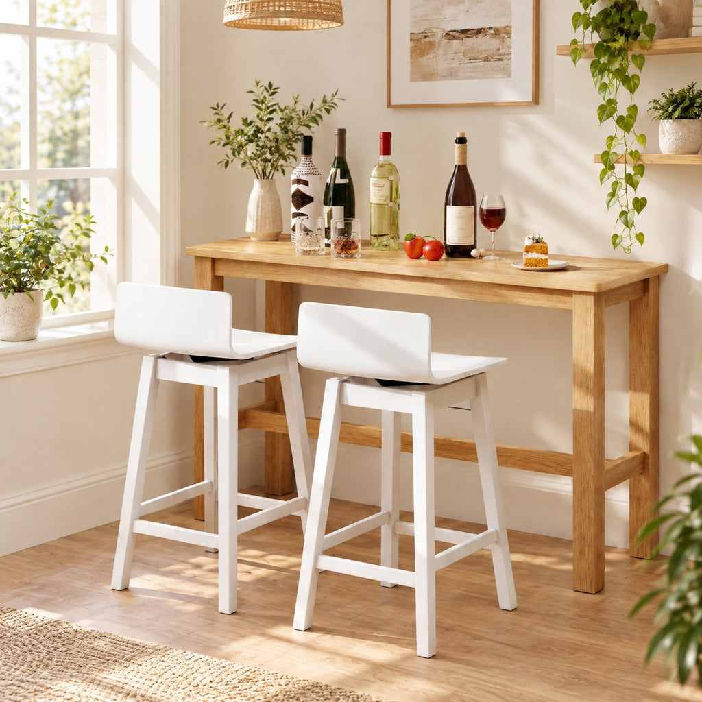 Airfind 24.5 Inch Swivel Wooden Bar Stools Set of 2 with Rubber Wood Legs and Low Back, 350 lbs Capacity, Rubber Wood Plywood Frame, White