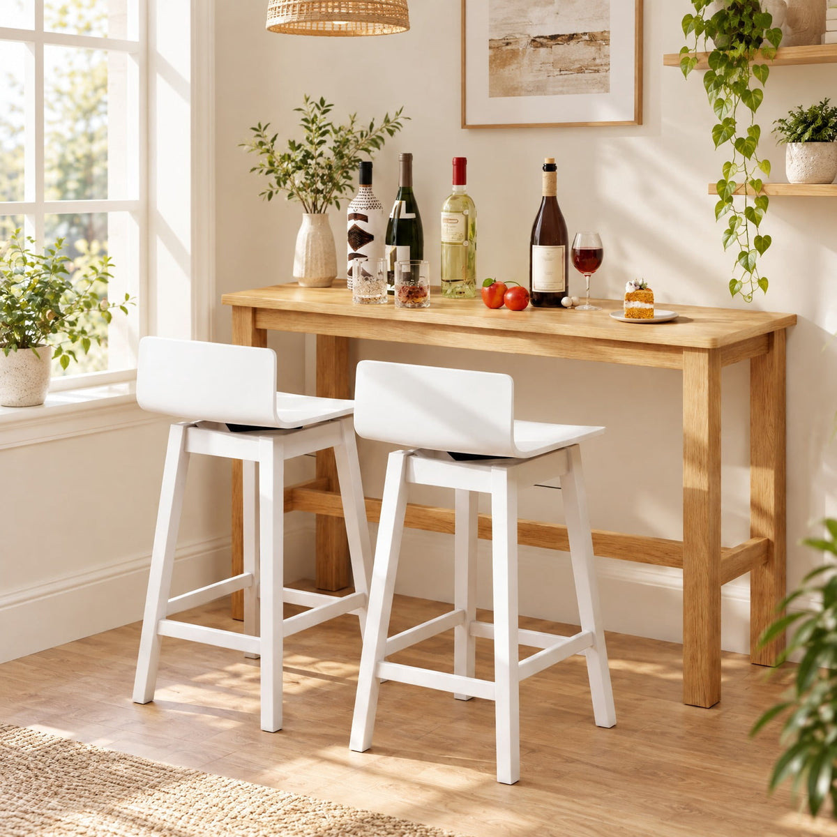 Airfind 24.5 Inch Swivel Wooden Bar Stools Set of 2 with Rubber Wood Legs and Low Back, 350 lbs Capacity, Rubber Wood Plywood Frame, White