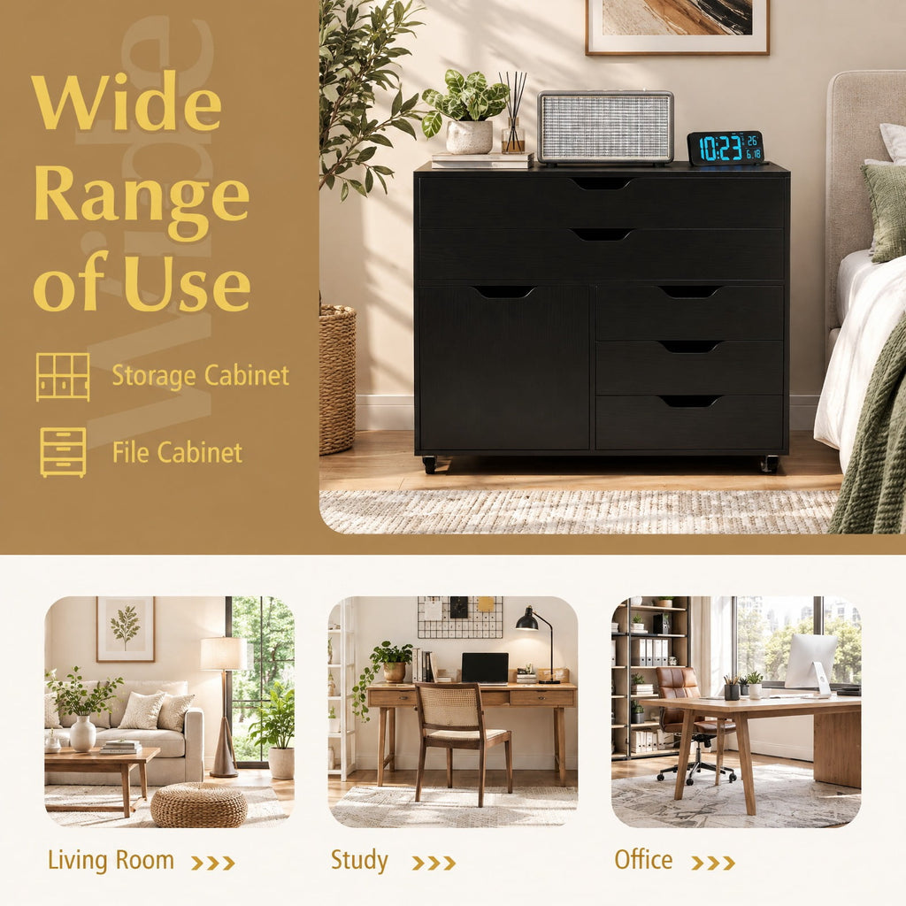 Airfind Modern Vertical 5-Drawer Mobile Chest with Door 5 Casters, 220 lbs Capacity, Engineered Wood MDF Metal Frame, 30.5in x 16in x 25in Footprint