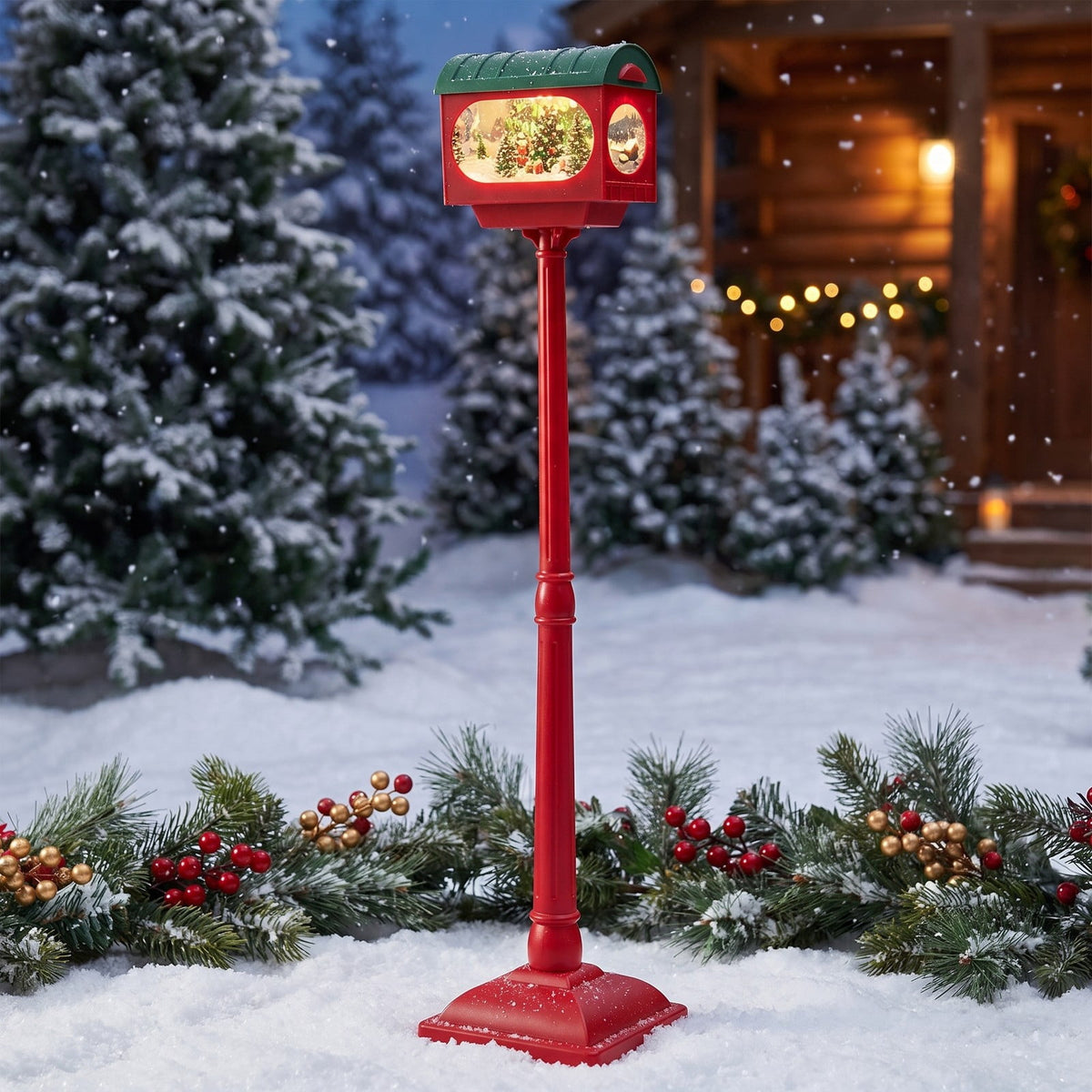 Airfind 59 Inch Christmas Street Lamp featuring Sound-activated Snow Globe Lantern, Plastic Resin Frame, 12.5 Inch x 12.5 Inch x 59 Inch Footprint, Red