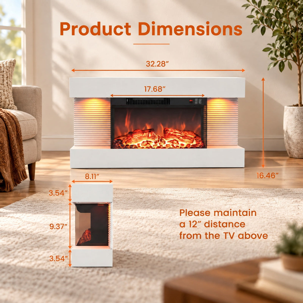 Airfind 3-Sided White Wall Mount Electric WiFi Fireplace with Floating Mantel and 12 Flame Ambient Colors-32 inch, Metal Tempered Glass Frame, White