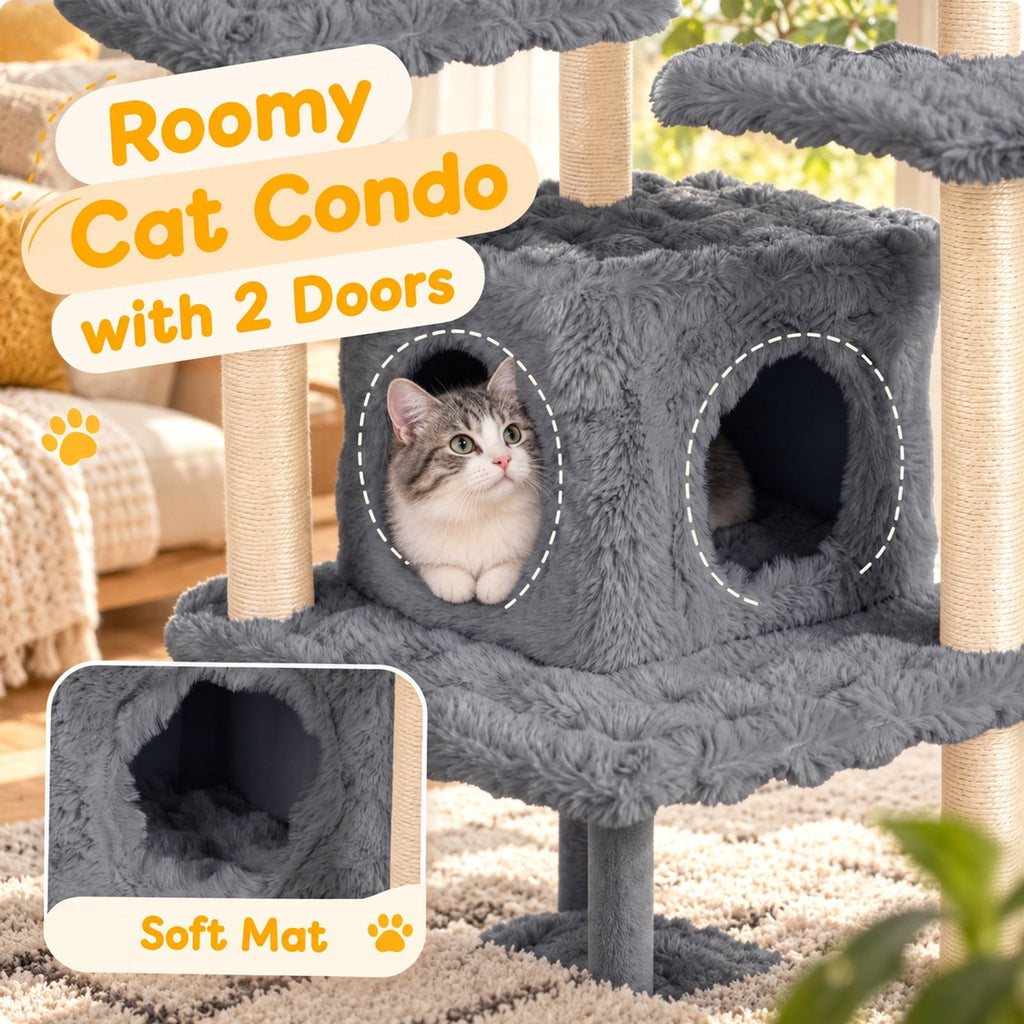 Airfind 67 Inch Multi-level Cat Tree with Large Cat Condo and Padded Perch, 22 lbs Capacity, Polyester Fabric PP Cotton Sisal Engineered Wood Frame