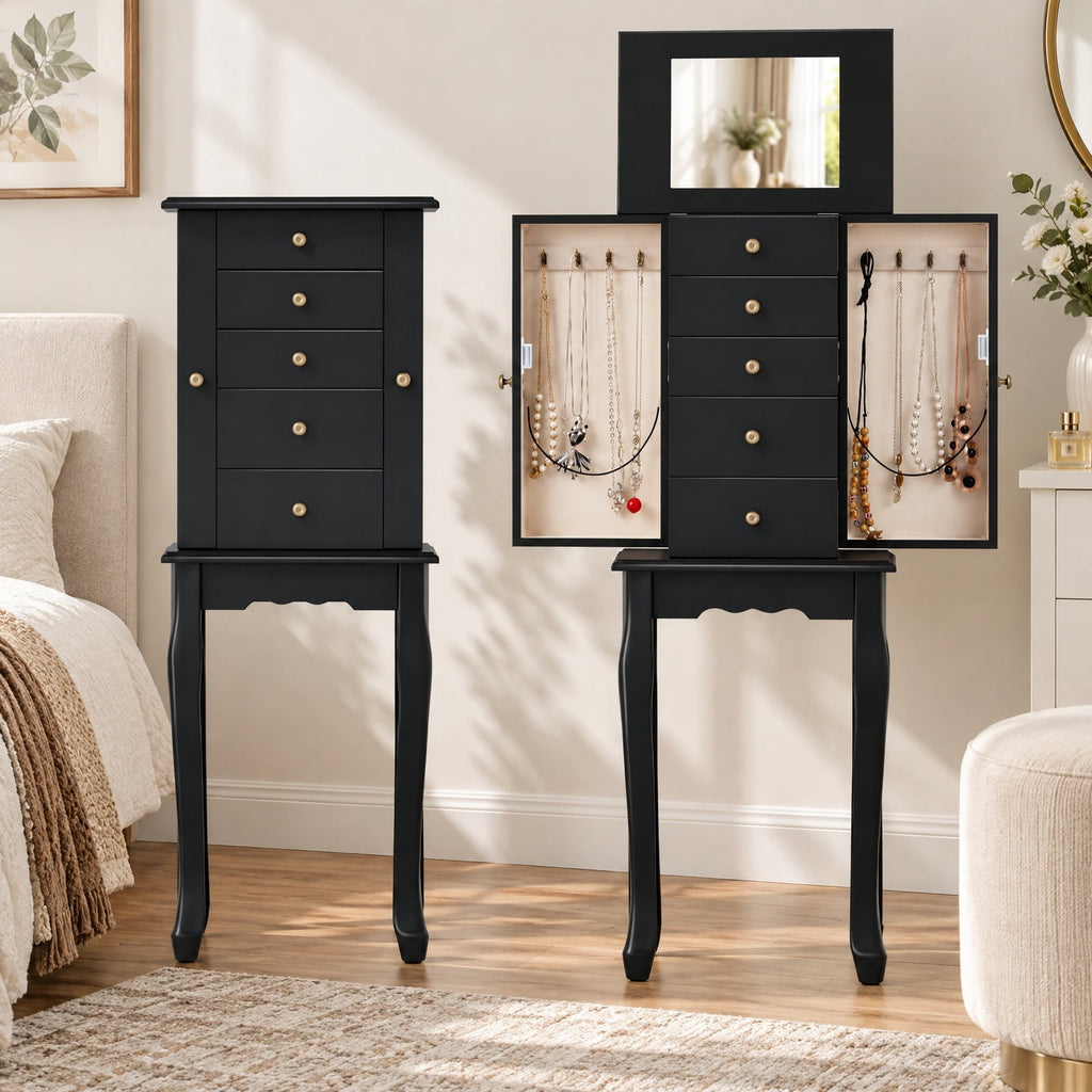 Airfind 2 Colors Armoire Storage Standing Jewelry Cabinet with Mirror, MDF Glass Frame, 12.5 x 8.5 x 34 Footprint, Black