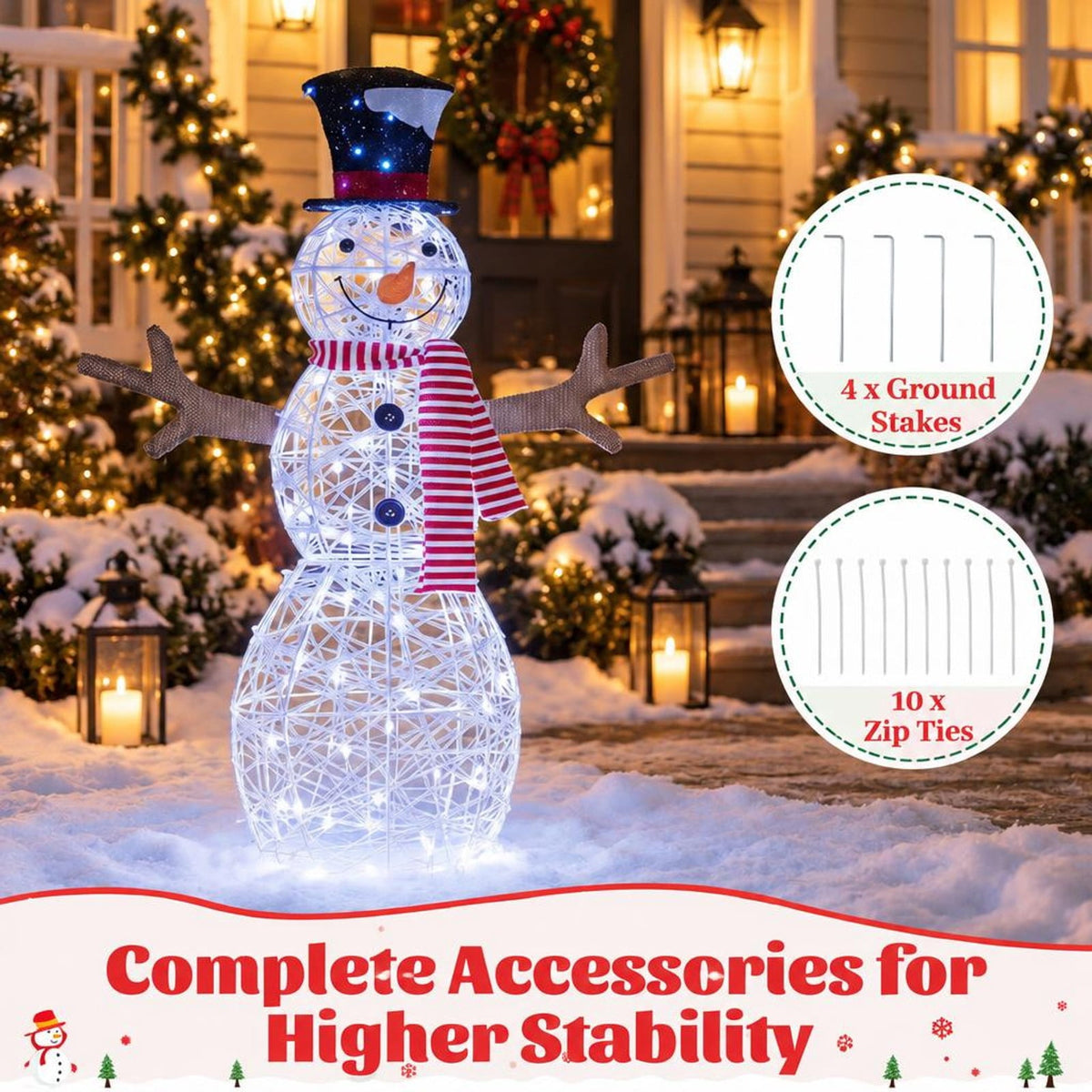 Airfind Lighted Snowman Christmas Decoration with Cold White LED Lights, Metal Tinsel Fabric Frame, 33in x 10in x 43in Length of Footprint, White