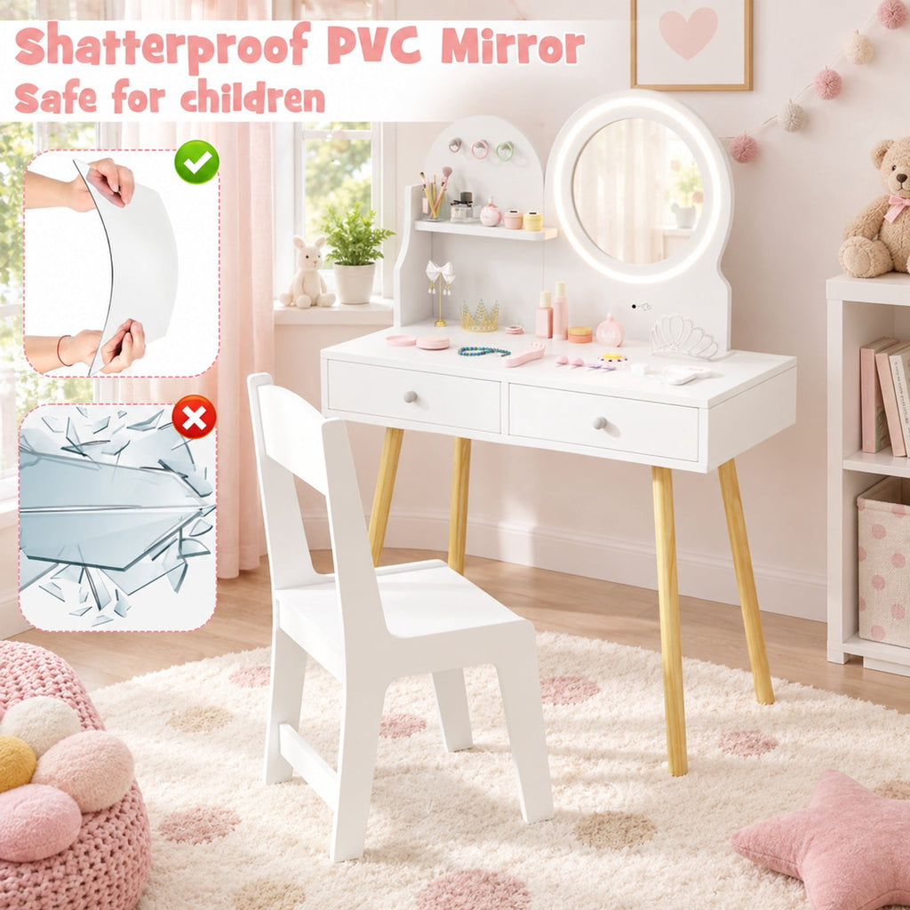 Airfind Kids Princess Makeup Dressing Desk and Chair Set with Mirror and Lights, 110 lbs Capacity, MDF Frame, for 3+ years old, White