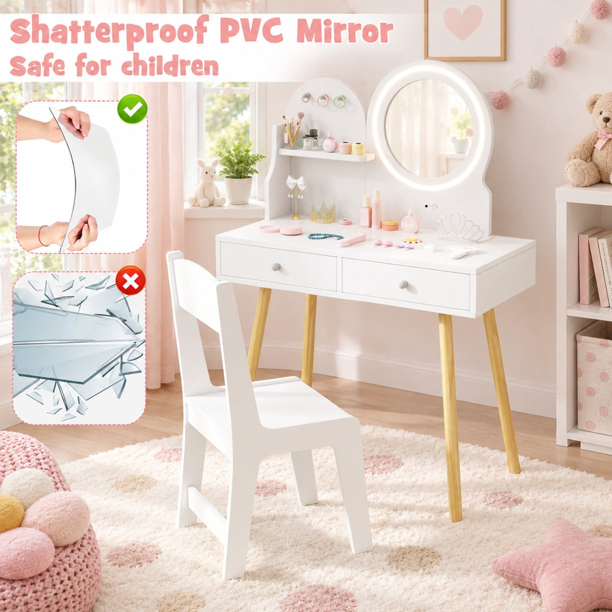 Airfind Kids Princess Makeup Dressing Desk and Chair Set with Mirror and Lights, 110 lbs Capacity, MDF Frame, for 3+ years old, White